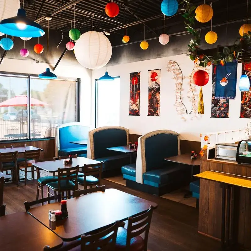 Restaurant interior with paper lanterns